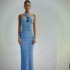 MESHKi - Kyla Cornflower Blue Halter Crochet Maxi Dress